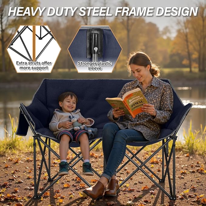 Double Camping Chairs-Padded Loveseat Camp Couch for 2 PersonHeavy Duty Sofa Folding Lawn Chair with Cushion for BackyardSportsPatio and Home UseDeep Blue