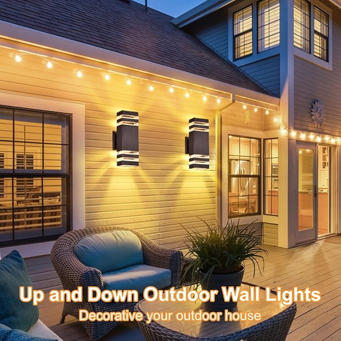 DASTOR 4 Pack Outdoor Wall Lights Brown Exterior Lighting Fixtures Wall Mount 2-Layer Modern Outdside Lights for House Up and Down Outdoor Sconce Lights for Porch Patio Garage