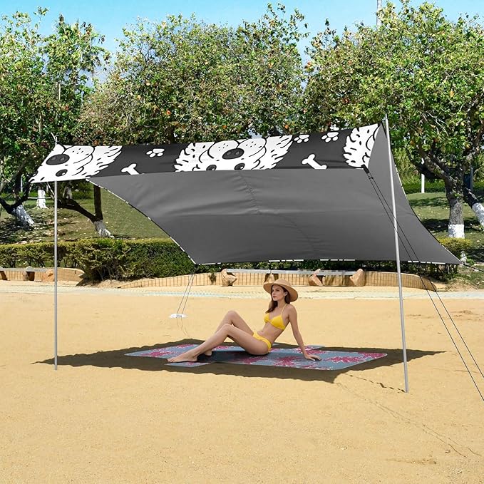 ALAZA White Dogs with Bones Beach Tent Sun Shelter UPF50+ Protection Beach Shade Canopy w/ 4 Sandbags for Outdoor Camping Fishing Backyard Fun Picnic 10x9 ft