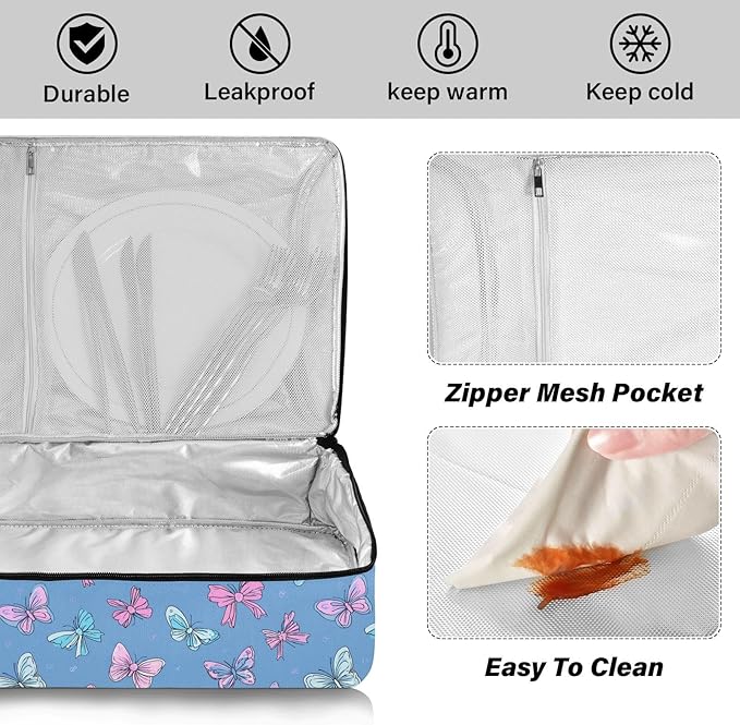 Casserole Carrier Grace Butterflies and BowInsulated Casserole Carrier for Hot or Cold Food Thermal Lunch Tote for Potluck Parties Picnic Beach Fits 9 x 13 Inches Baking Dish