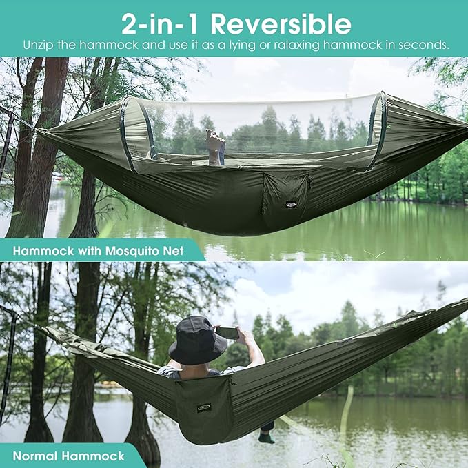G4Free Large Camping Hammock with Mosquito Net 2 Person Pop-up Parachute Lightweight Hanging Hammocks + G4Free Camping Hammock with Net and Rain Fly 2 Person Lightweight Portable Hammock Tent
