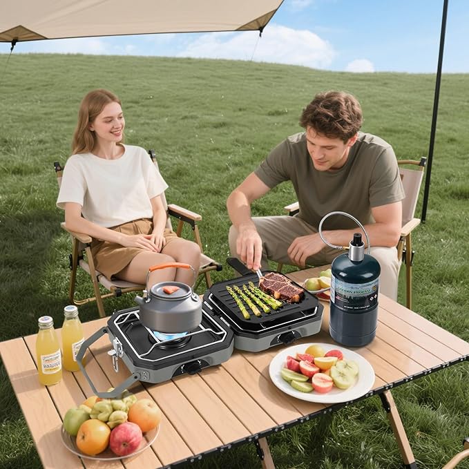 2 Burner Propane Camping Stove With GrillPortable Foldable Camp Stove With 17000BTU Two Piezo Ignition Adjustable Windproof Burners forCamping Grilling Tailgating &amp More (Green)