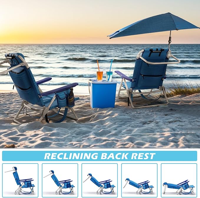 Beach Chair Backpack Chairs for Adults with Adjustable Umbrella Folding Beach Chairs with Storage PouchCup Holder &amp Towel Rack Adjustable Lounge Chair for Seaside（2pcs/Blue）