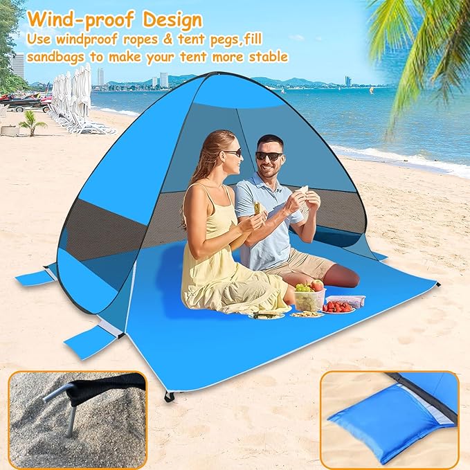 Pop Up Beach Tent Beach Shade with UPF50+ UV Protection Pop Up Tent for 3-4 Person Easy Setup Sun Shade Canopy for Camping Fishing (Light Blue)