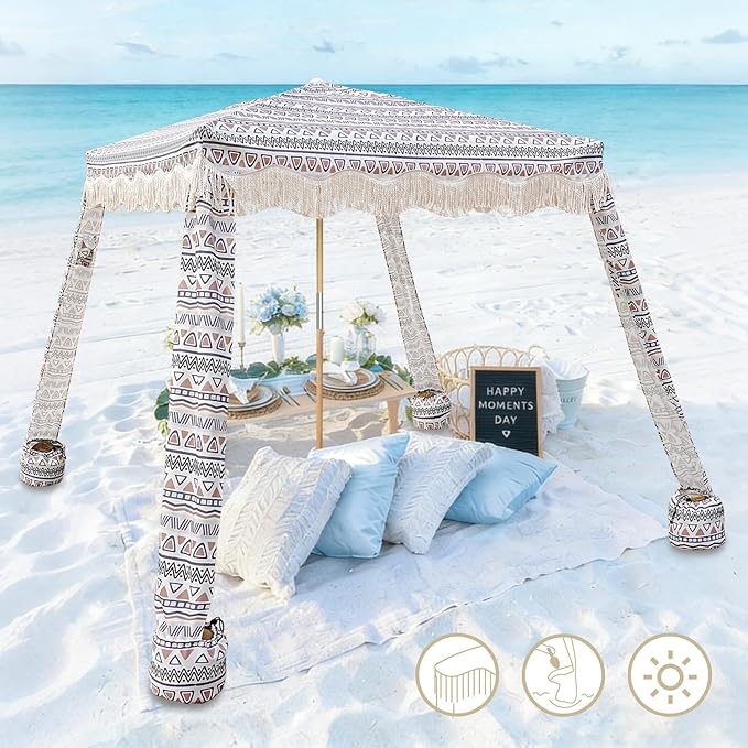 AMMSUN Beach Cabana with Fringe 6.5' x 6.5' Boho Beach Canopy with Tassels Easy Set up &amp Premium Wood Pole Cabana Tent with Sand Pockets Instant Sun Shade for Sand Garden Patio Tan