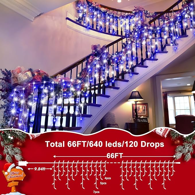 XURISEN 66ft Christmas Lights Decorations Outdoor 640 LED 8 Modes Curtain Fairy Lights with 120 DropsPlug in Waterproof Timer Memory Function for Christmas Holiday Wedding Party Decor(Blue+Cool)