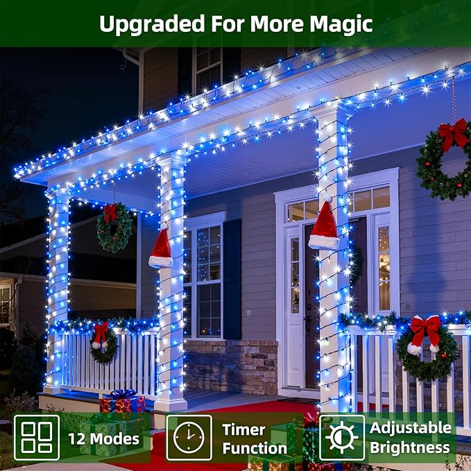 750 LED 240FT Christmas Lights Outdoor12 Lighting Modes Christmas String Lights with Timer Dimmable Blue Cool White LED StringLights Waterproof for Yard Wedding Party Holiday Decor Blue&ampCoolWhit