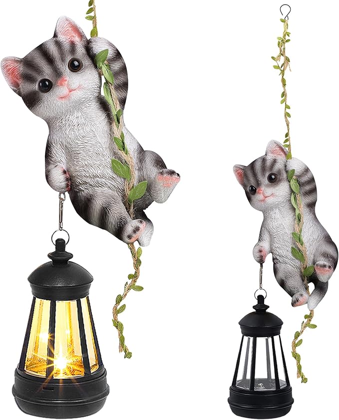 Solar Hanging Cat Statue Outdoor Resin Black Cat Figurine with LED Lights Kitty Animal Ornament for Garden Fence Porch Patio Yard Decor Dusk to Dawn Auto On/Off