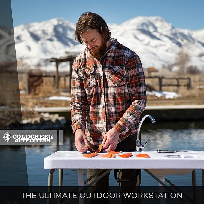 Coldcreek Outfitters Work Station Table Portable Foldable Dual Sink Rugged Outdoor Kitchen Accessory 40x26x33 inches Grey