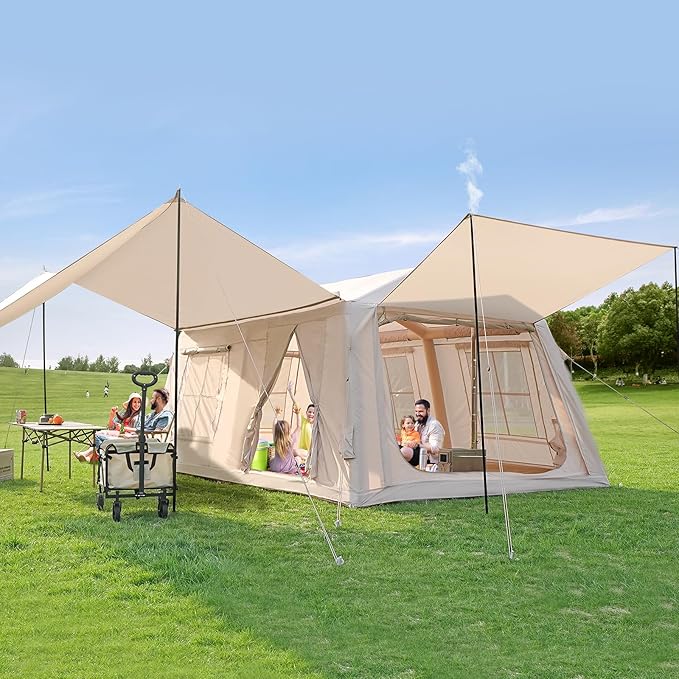 Inflatable Tent for Camping Waterproof Oxford Large Blow Up Hot Tent with Pump Easy Setup Inflatable Glamping House Air Tent for Family 4/6/8/10/12 People