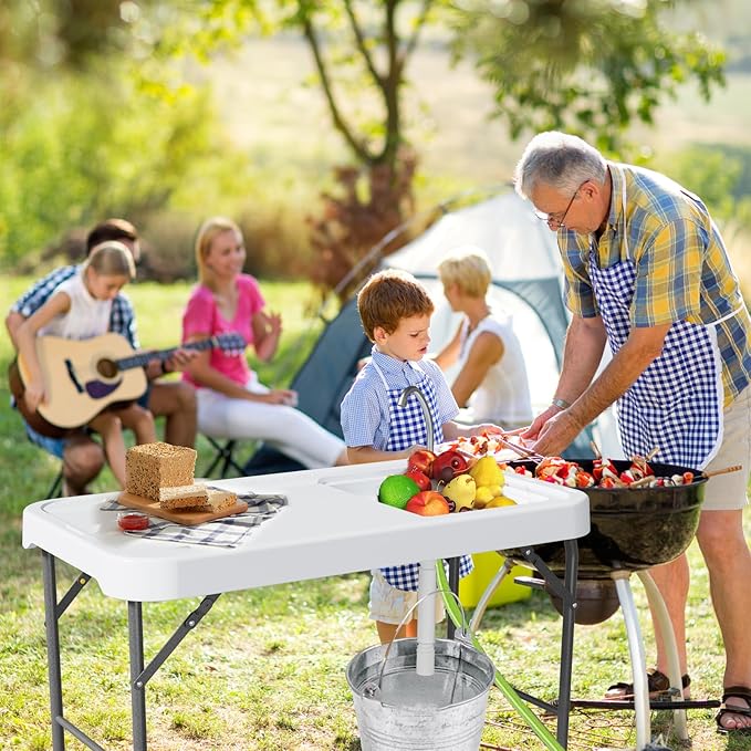 Folding Fish Cleaning Table with Sink Portable Camping Sink Table with Measure Mark Drainage Hose and Knife Groove Outdoor Fish Fillet Cleaning Station for Picnic Fishing White