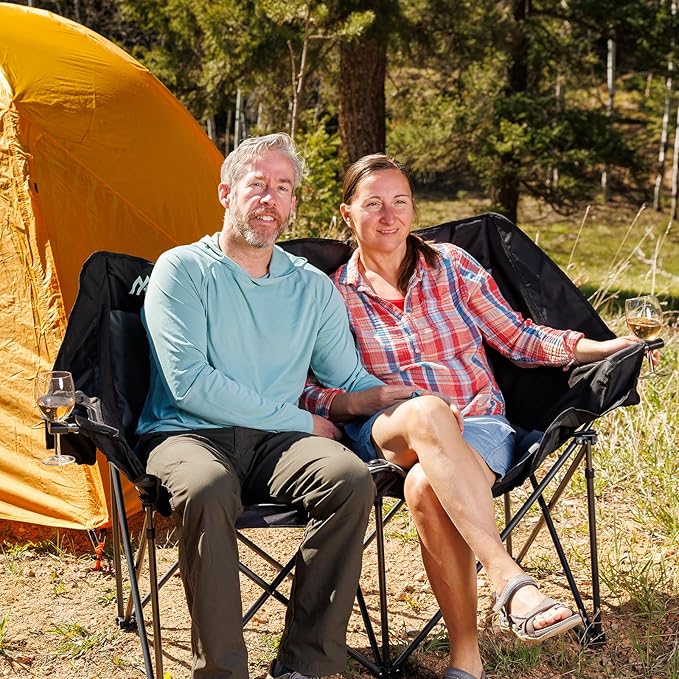 2 Person Camping Chair Oversized Loveseat Camping Chair Double Camping Chairs for Adults Heavy Duty Camping Couch Black Outdoor Folding Chair Portable Patio Lawn Chair