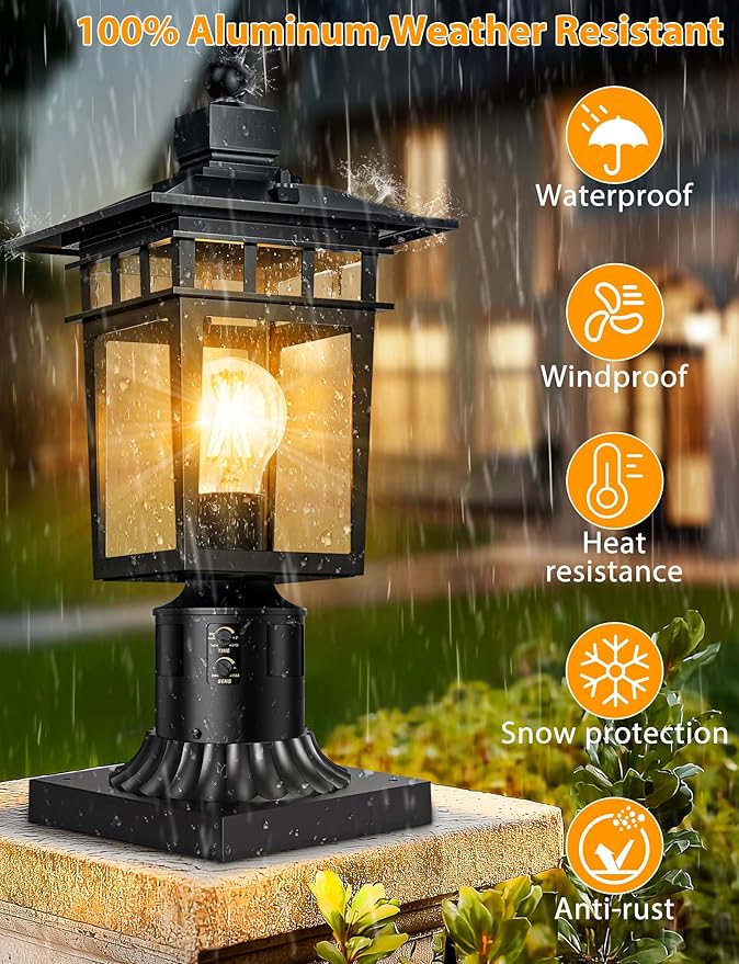 360° Motion Sensor Outdoor Post Lights 4 Lighting Modes Lamp Post Light Fixture Dusk to Dawn Waterproof Aluminum Black Pole Light Post Outdoor Lighting for Outside Garden Fence YardHard Wired