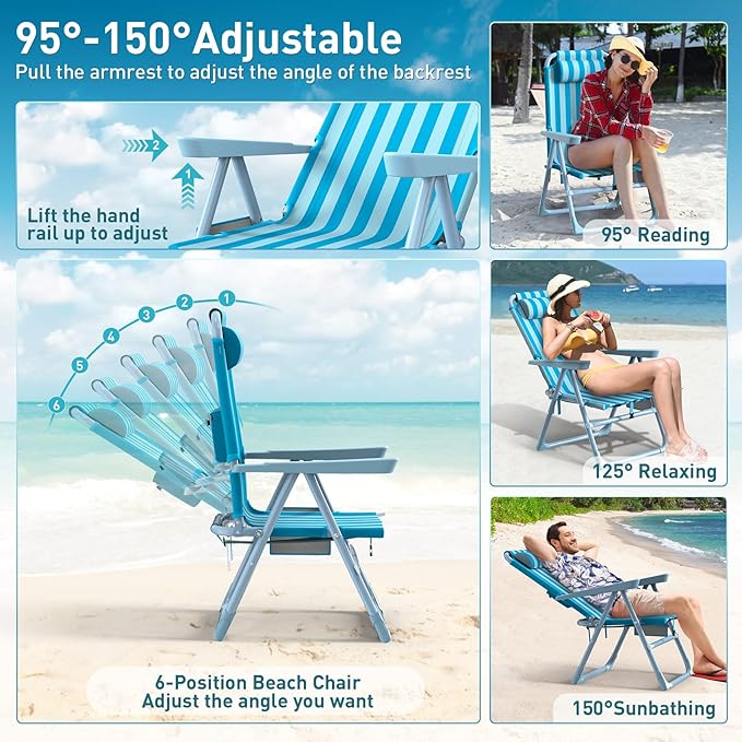 Suteck Backpack Beach Chair 6-Positions Beach Chairs for Adults with Cooler Bag Reclining Beach Chair with Cup Holder Folding Camping Chair for Sand Outdoor
