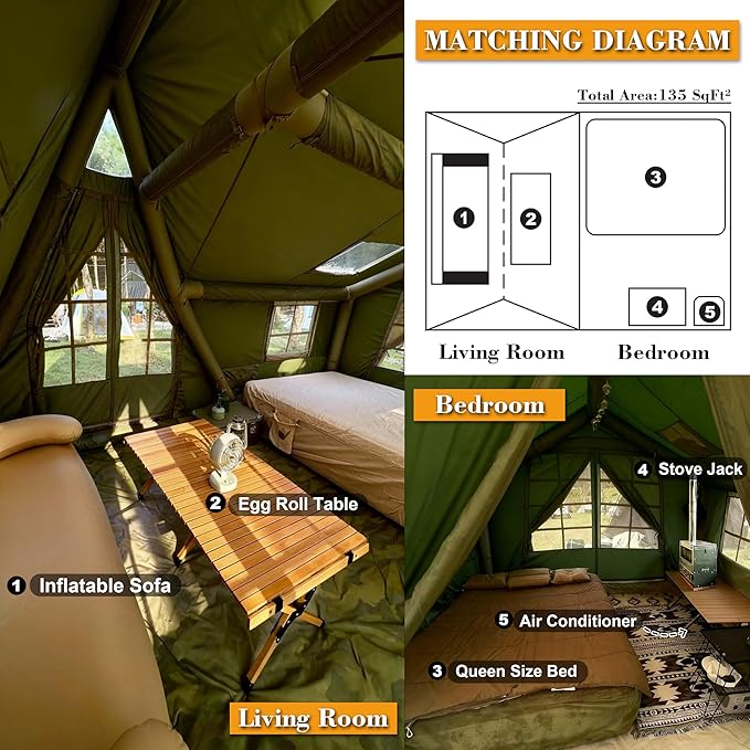 Inflatable Tents for Camping 8-10 Person Luxury Inflatable Tent House with Stove Jack Waterproof Portable Inflatable Camping Tent with Rainfly