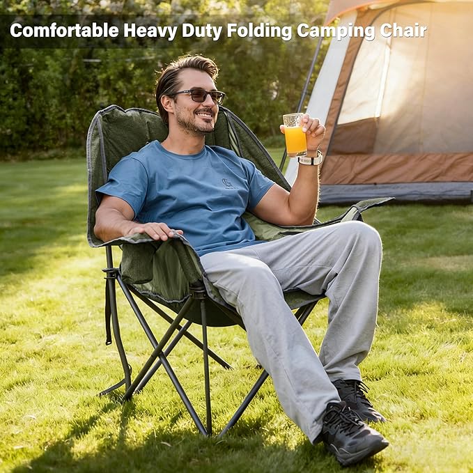 Oversized Camping Chair Portable Folding Padded Camp Chairs with Side Pocket Cup Holder Heavy Duty Support 500LBS Outdoor Lounge Chair for Adults Fishing Sports Trip Green