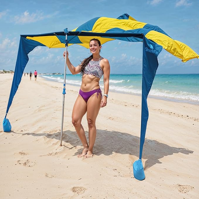 Shark FIN Shade Beach Tent Wind Sun Canopy Portable Easy Set Up UPF 50+ No Assembly Required 3-30 MPH - 1 to 8 People - Tie Downs Included - 2 Sizes Large 9' X 10' &amp Giant 13.5' X 10' PATENTS Pend