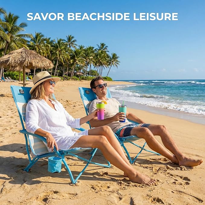 2 Pack Low Beach ChairFolding Recliner Camping Chair for AdultsLightweight Backpacking Low Seat Camping Chairs with Cup HolderCarry Bag for Outdoor Camp Lawn Picnic FestivalBlue Strip