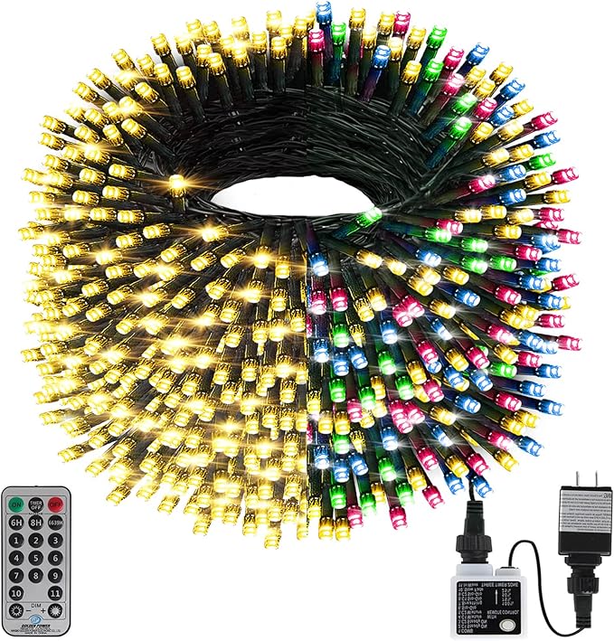 Haili 1000 Led Christmas Lights Plug in 8 Lighting Modes Waterproof Outdoor Christmas Lights for Tree Yard Party Indoor Outside Decorations (393FT Color Changing)