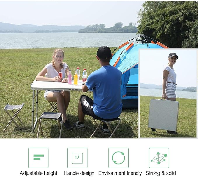 REDCAMP Heavy-Duty Aluminum Frame Camping Table 4ft Large Folding Table (48x24 Inches) with Adjustable Height Portable for Outdoor Picnic Tailgate Party