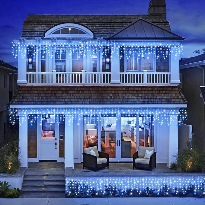 Icicle Lights for Outside 33FT 400 LED Icicle Christmas Lights Outdoor with Waterproof 8 Modes Plug in Timer String Twinkle Light for Indoor Home Roof Window Yard Wedding Decorations Blue and White
