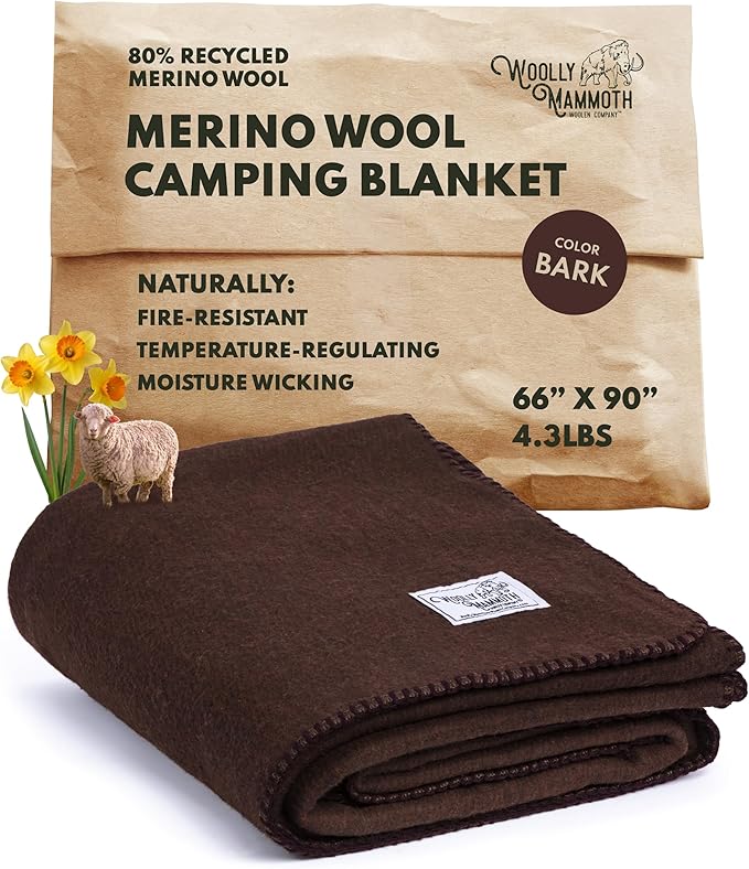 Woolly Mammoth Woolen Company Merino Wool Blanket - 80% Merino Wool - Camping Blankets for Cold Weather - Mositure-Wicking for Overlanding Hunting Emergency Kits Bushcraft (66 x 90 Bark)