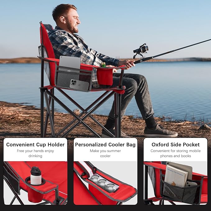 Oversized Folding Camping Chair for Adults - 450lbs Support - Heavy Duty Portable Lawn Chairs with Side Pocket Cup Holder Cooler Bag for Sports Garden Beach Fishing Red 2 Pack