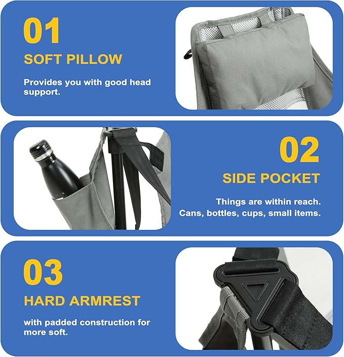 Hammock Camping Chair Portable Chairs with Pillow Cup Holder and Carry Bag Lightweight Foldable Chair for Outside Camping Hiking Travel Beach and Sports (Grey)