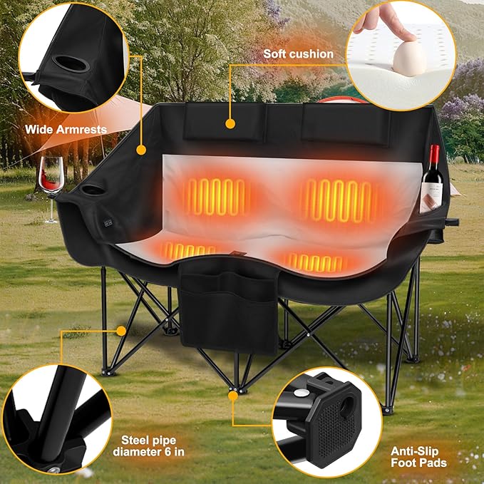 Heated Double Camping ChairDual Control SwitchesHeated Camping Chair with 3 Heat Levels Heated Folding Chair Supports 550 lbs for Outdoor Sports Lawn Picnics