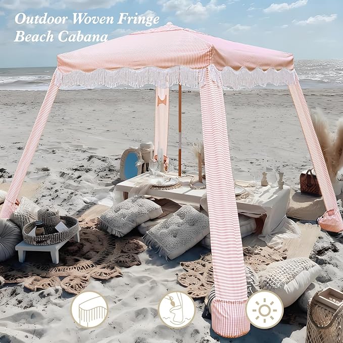 AMMSUN Beach Cabana with Fringe 6.5' x 6.5' Boho Beach Canopy with Tassels Easy Set up &amp Premium Wood Pole Cabana Tent with Sand Pockets Instant Sun Shade for Sand Garden Patio Pink Stripes