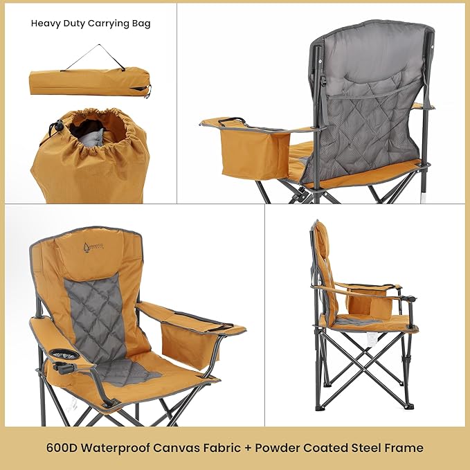 ARROWHEAD OUTDOOR 2-Pack Portable Folding Camping Quad Chair w/ 6-Can Cooler Cup &amp Wine Glass Holders Heavy-Duty Carrying Bag Padded Armrests Headrest &amp Seat Supports up to 550lbs