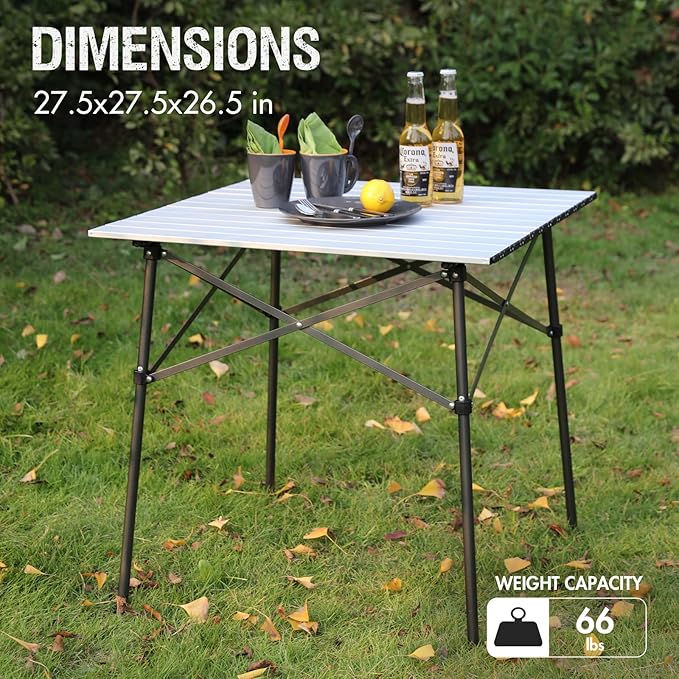 Portal Lightweight Aluminum Folding Square Table Roll Up Top 4 People Compact Table with Carry Bag for Camping Picnic Backyards BBQ Silver