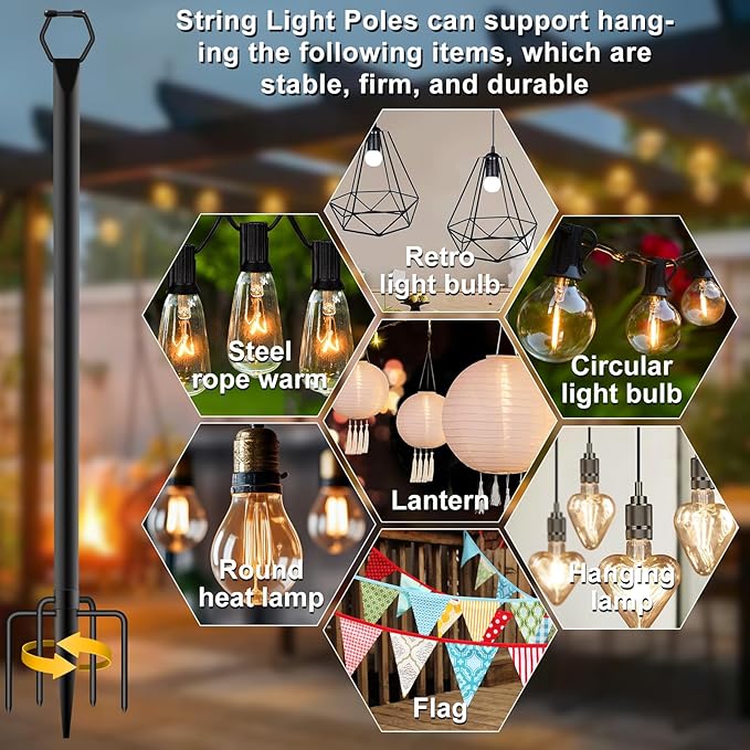 10Ft String Light Poles 6 PackLight Poles for Outside LightsOutdoor with Fence Brackets Hanging LightsMetal Stand Deck Patio Backyard