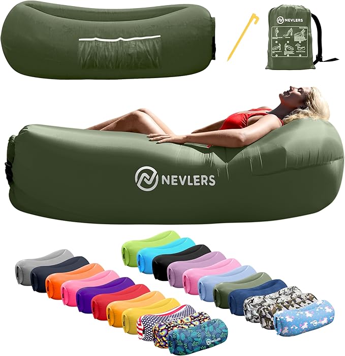 Nevlers Military Green Inflatable Lounger | No-Pump Blow Up Couch | 210T Polyester Outdoor Lounger for Use as Music Festival Essentials | Air Couch Inflatable Chair for Kids w/ 450 lbs. Capacity