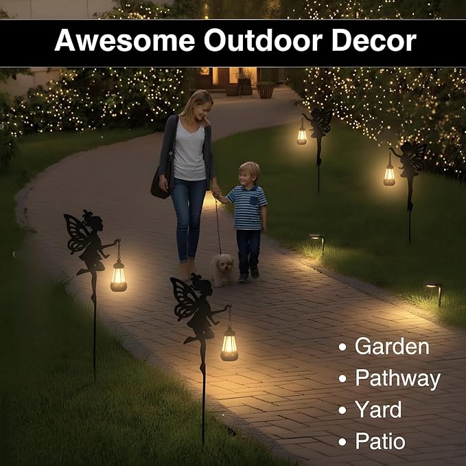 Solar Fairy Garden Accessories Outdoor 1 Pair - Metal Stakes Decorative Figurines Housewarming Ornament for Patio Lawn Yard Pathway - Unique Gift Ideas for Gardening Mom Grandma (Warm Lighting)