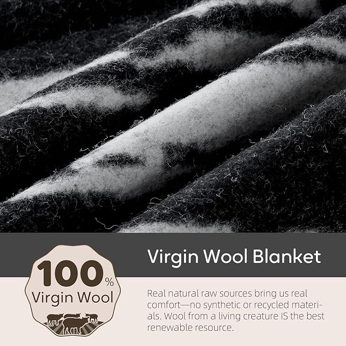 100% Wool Blanket 48 x 62 Warm Thick Washable Military Wool Blanket Great for Camping Outdoors Sporting Events Survival KitsBlack White Striped