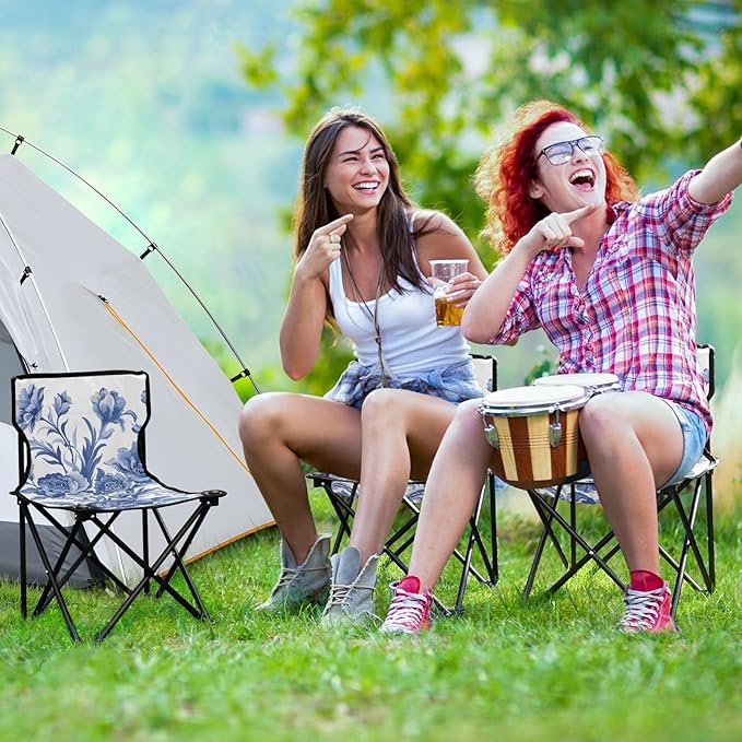 Flower Blue Portable Camping Chairs Folding Chair - Durable Oxford Fabric Lightweight Iron Frame Easy Fold Design - Ideal for Outdoor Activities Camping Fishing and Travel