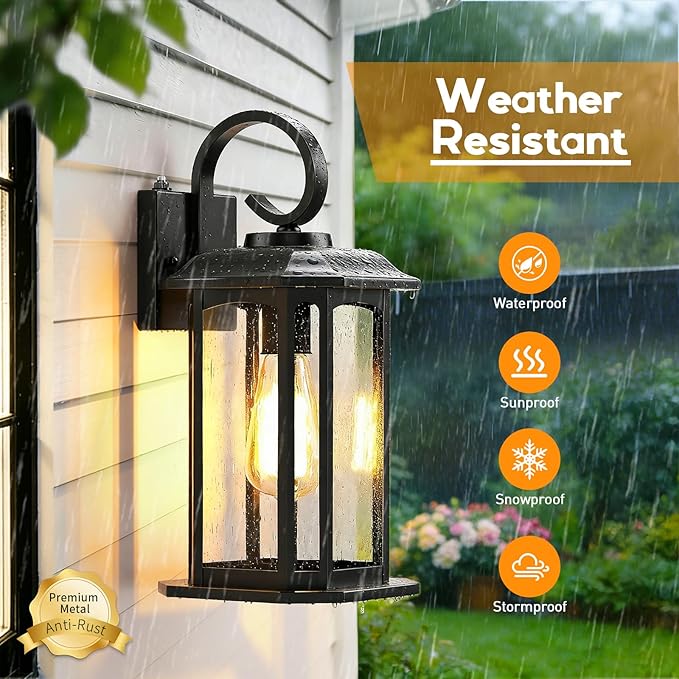 16.8'' Large Dusk to Dawn Outdoor Wall Lights Black Exterior Lighting Fixtures Wall Sconce with Seeded Glass Waterproof Front Porch Light Outside Wall Lantern for House Patio Garage 1Pack
