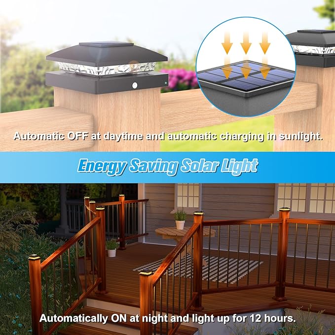 VOLISUN 4x4 Solar Post Cap Light 12packSolar Fence - Post Lights Outdoor Waterproof for Wooden/Vinyl PostBlack Deck Post Cap Light Solar Powered with Warm White for Garden/Patio/Porch