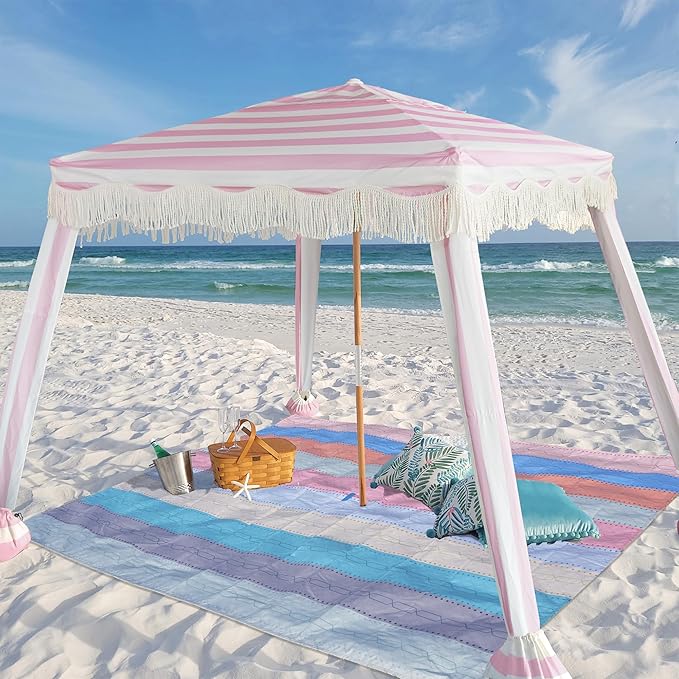 AMMSUN Beach Cabana with Beach Blanket 6.5' x 6.5' Boho Canopy with Tassels Premium Wood Pole Fringe Cabana Tent with Sand Pockets Instant Sun Shade for Sand Garden Outdoor Rose Pink Stripes
