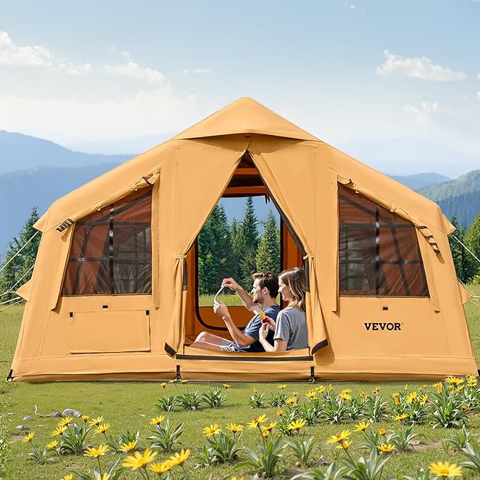 VEVOR Inflatable Tents for Camping Easy Setup Blow up Tent with Hand Pump 4 Season Glamping Tent with Stove Jack Doors &amp Mesh Windows Storage Bag Included for Easy Taking