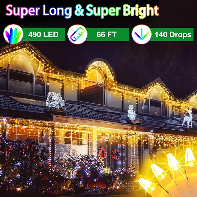 66ft LED Christmas Lights Outdoor with 140 Drops Christmas Decorations Hanging Lights 490 LED 8 Lighting Modes Outsite Fairy String Lights for House Xmas Wedding Party Holiday Decoration Warm White