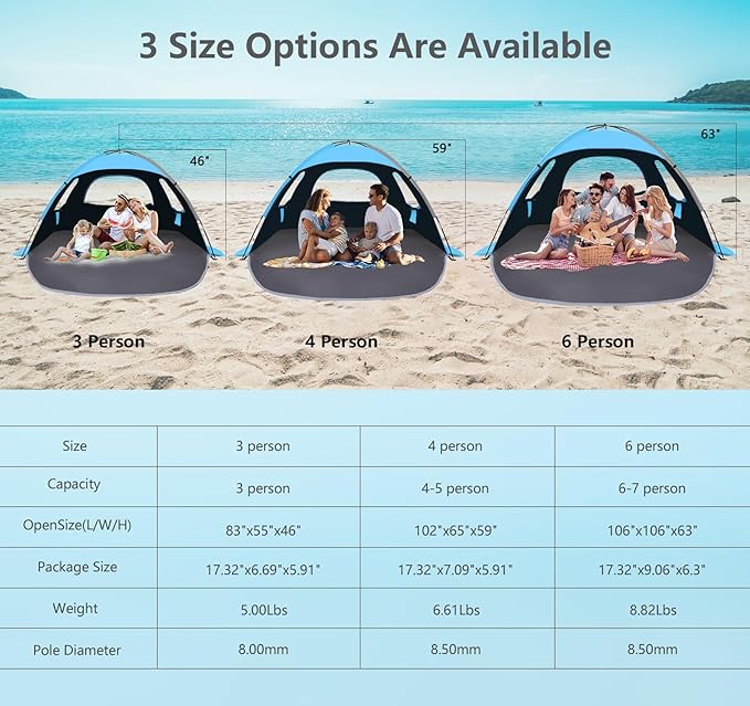 NXONE Beach Tent Sun Shelter with UPF 50+ UV Protection Lightweight Easy Setup Portable Beach Canopy for Family Large Space for Beach Camping &amp Outdoor 3/4/6 Person