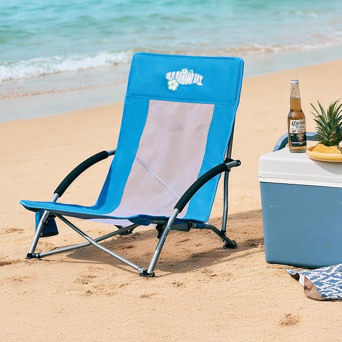 Old Bahama Bay Folding Beach Chair 2 Pack Beach Chairs for Adults Low Beach Camping Chair with Cup Holder Mesh Back for Outdoor Fishing Sand Lawn Supports up to 350lbs