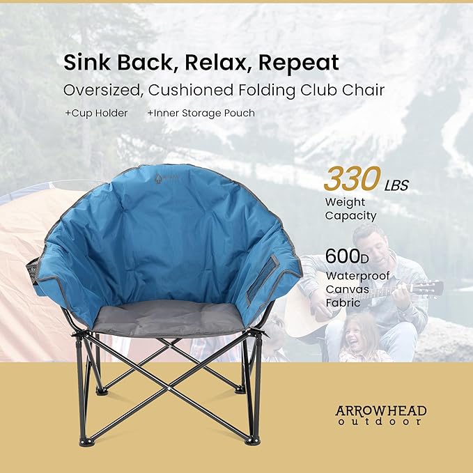 ARROWHEAD OUTDOOR 2-Pack Oversized Heavy-Duty Club Folding Camping Chair w/Pocket Cup Holder Portable Padded Moon Round Saucer Supports 330lbs