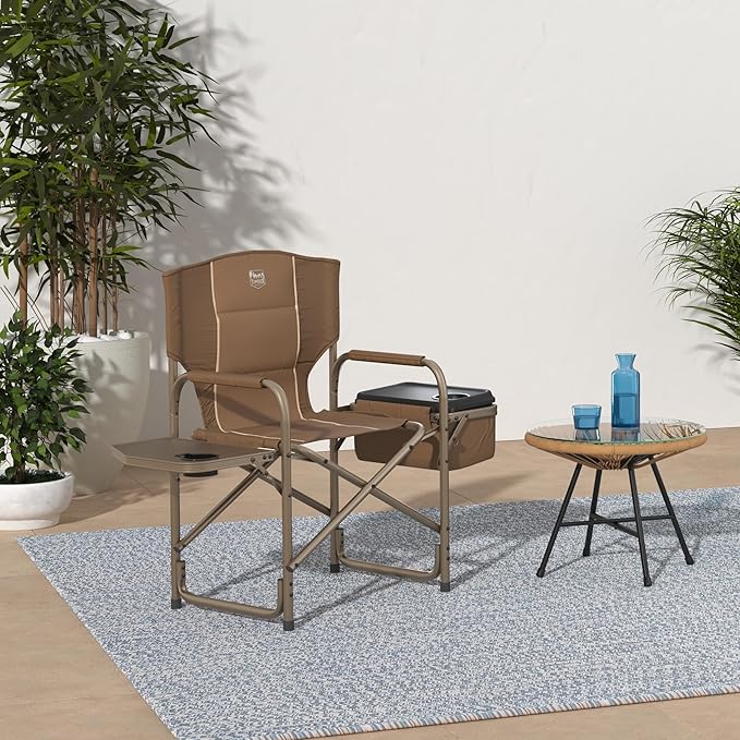 TIMBER RIDGE Folding Camping Chair with Cooler Bag Director Chair Foldable with Side Table for Adults Camp Chairs for Outdoor Lawn Sports Fishing Heavy Duty Supports 300lbs Earth Brown