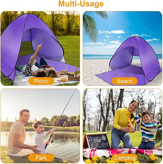 Pop Up Beach Tent Sun Shade Shelter Anti-UV Automatic Beach Tent Canopy for 2-3 People with Net Window Carry Bag for Park Camping (Purple)