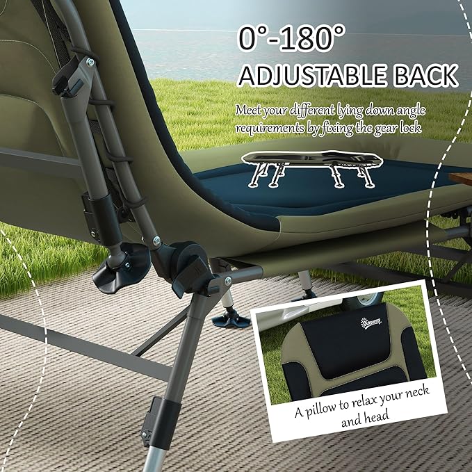 Camping Cot for Adults Folding Bed with Soft Padded Cushions Headrest 180° Adjustable Reclining Lounger Heavy Duty and Portable with a 400 lbs. Capacity Dark Green