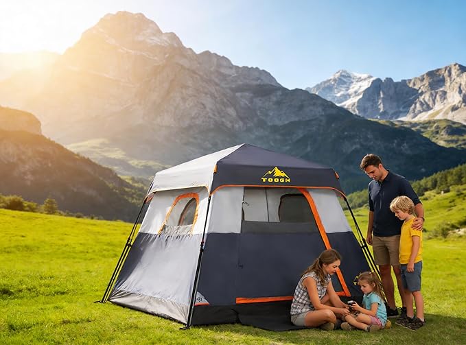 3/4 Person Camping Tent with 1 Door 4 Windows and Upgraded Ventilation– Instant Setup Waterproof 8'x 8'x 67''Oxford Fabric Floor Pop Up in 60 Seconds Includes Rainfly and Backpack