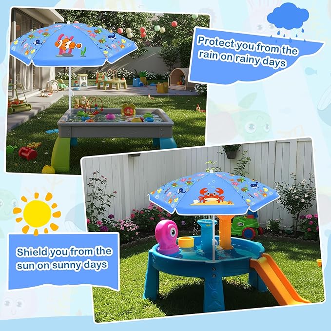 Sweetude Water Table Umbrella (Table Not Included) Kids Seaside Beach Umbrella Picnic Canopy for Summer Toddlers Sand Beach Camping Garden Outdoor Pool Shade Party Supply(Marine Animal Theme)